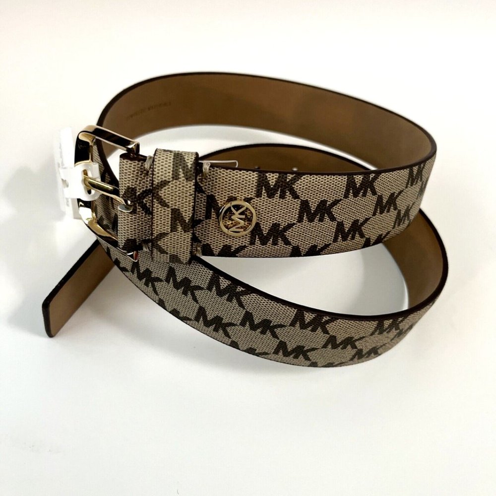 NWT Original MICHAEL KORS Signature Brown Beige Gold Belt 556196C Logo Brand - Picture 2 of 8